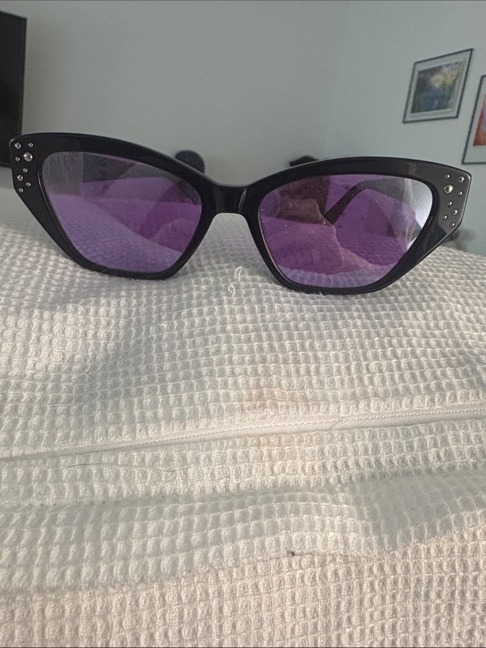 Black Cat-Eye Sunglasses with Purple Mirrored Lenses